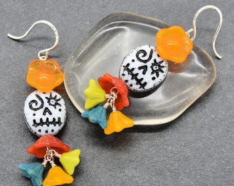 Vida Bella Handmade Sterling Silver Dangle Earrings,  Czech Glass Sugar Skulls, Day of the Dead