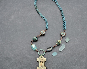 Ancient Roman Glass Handmade Necklace with Artisan Porcelain Focal, Lampwork Glass, Verdigris Chain