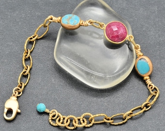Ruby Red and Turquoise Handmade Beaded Bracelet with 18K Gold Plated Chain