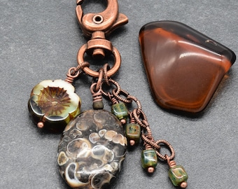 Earthy Greens Handmade Charm, Turritella Agate, Czech Glass and Antique Copper