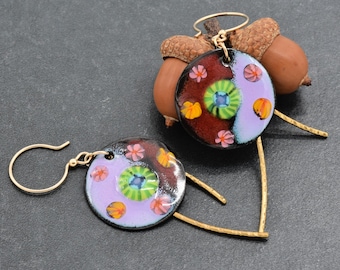 Pinwheel Handmade Statement Earrings, Artisan Enamel Charms, Gold Filled Ear Wires