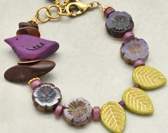 Chirp Handmade Beaded Bracelet, Artisan Polymer Clay Bird and Czech Glass
