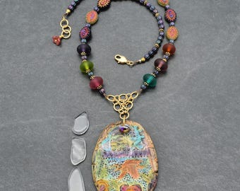 Handmade Colorful Artifact Beaded Statement Necklace, Artisan Polymer Clay Focal, Artisan Lampwork Glass