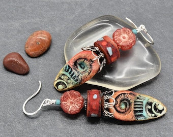 Nefertiti Handmade Dangle Earrings, Sterling Silver, Artisan Polymer Clay, African Glass