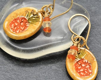 Pineapple Handmade Dangle Earrings, Artisan Polymer Clay Charms, Carnelian, and Citrine