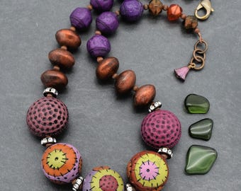 Handmade Groovy Beaded Necklace, Artisan Polymer Clay, Czech Glass