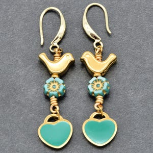 Lovebirds Turquoise Blue Handmade Dangle Earrings with Gold filled ear wires