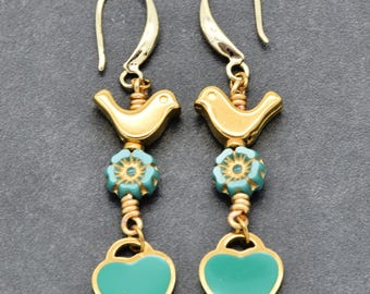 Lovebirds Turquoise Blue Handmade Dangle Earrings with Gold filled ear wires