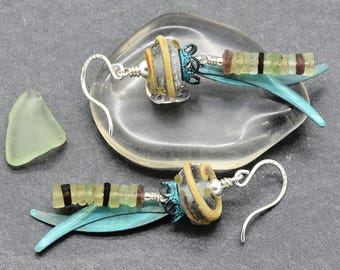 Ancient Roman Glass Handmade Dangle Earrings, Sterling Silver, Artisan Lampwork Glass, Verdigris