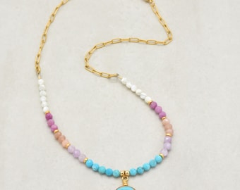 Summer Pastel Handmade Necklace with Genuine Natural Blue Turquoise, Kunzite, Peach Moonstone & Pink Red Ruby