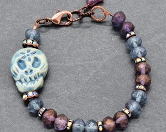Blue Skully Dia de los Muertos Bracelet with Artisan Ceramic Sugar Skull