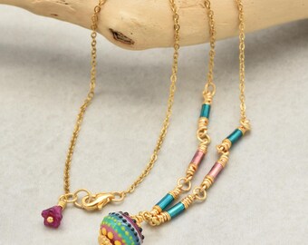 Handmade Tropical Breeze Necklace, Artisan Lampwork Glass, Enamel Tubes, Gold Plated Chain