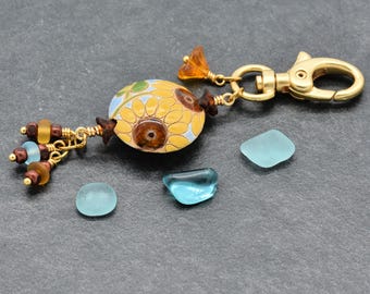 Girasol Handmade Handbag Charm, Artisan Ceramic Sunflower Lentil and Czech Glass