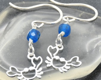 Blue Crabby Handmade Dangle Earrings, Sterling Silver Crab Charms, AAA Apatite