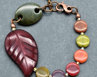 Merlot Leaf Handmade Beaded Bracelet with Carved Burgundy Horn Leaf, Tagua Nuts, Czech Glass