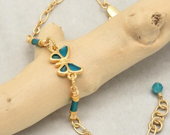 Handmade Mariposa Bracelet, 24K Gold Plated Aqua Butterfly