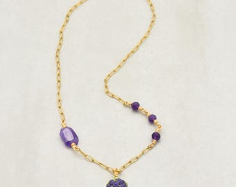 Blackberry Handmade Necklace with Artisan Lampwork Glass, Amethyst and 18K Gold Plated Chain
