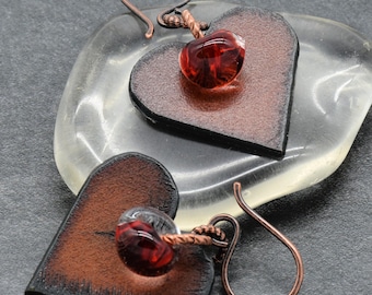 Rusty Hearts Handmade Earrings, Artisan Iron Hearts and Lampwork Glass, Unique Mixed Media