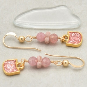 Pink Cat Handmade Dangle Earrings, Tourmaline, 24K Gold Plated Glitter Enamel Charms