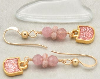 Pink Cat Handmade Dangle Earrings, Tourmaline, 24K Gold Plated Glitter Enamel Charms