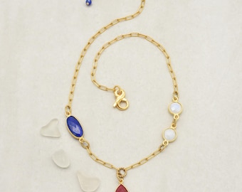 Handmade Independence Necklace, Ruby enhanced, Lapis, Rainbow Moonstone, 18K Gold Plated Chain