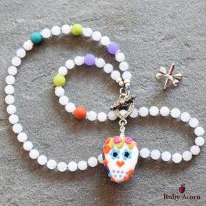 Day of the Dead Sugar Sugar Handmade Beaded Necklace with Artisan Lampwork Glass Sugar Skull Focal