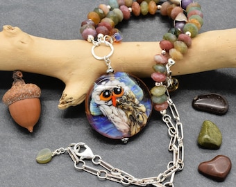 Woodland Sage Handmade Necklace. Artisan Lampwork Glass Focal, Indian Agate, Sterling and Thai Silver