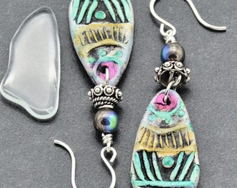 Tribal Chic Dangle Earrings, Artisan Polymer Clay Charms, Czech Glass, Sterling Silver