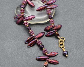 Burgundy Handmade Beaded Bracelet with Czech Glass Hearts and Daggers