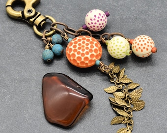 Retro Fall Handmade Charm,  Vintage Lucite, Czech Glass and Antique Brass Lobster Claw