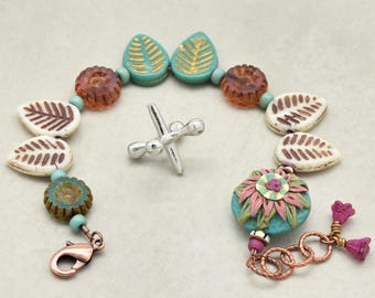 Spring Bonbon Handmade Beaded Bracelet, Artisan Polymer Clay, Czech Glass, Antique Copper Clasp