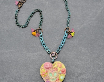 Azucar Dia de los Muertos Necklace, Artisan Ceramic Focal, Verdigris Chain