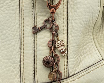 Copper Hootie Handmade Handbag Purse Charm, Czech Glass