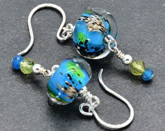 Mother Earth Handmade Sterling Silver Dangle Earrings, Artisan Lampwork Glass, AAA Peridot & Apatite