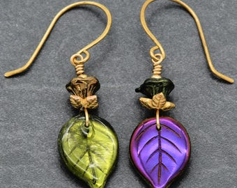 Falling Leaves Handmade Dangle Earrings, Purple and Green Czech Glass, Brass.