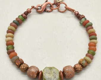 Ancient Roman Glass Handmade Beaded Bracelet with Artisan Ceramic, Indonesian Glass, Antique Copper