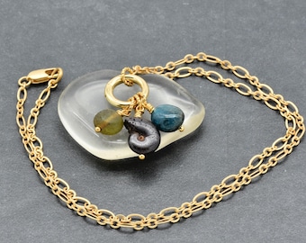 Handmade Tidal Pool Charm Necklace, Ammonite, Apatite, Czech Glass, Gold Plated Chain