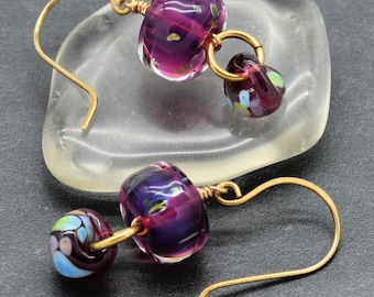 Ultraviolet Handmade Dangle Earrings, Artisan Lampwork Glass, Unique Mixed Media