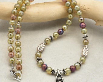 Peas in a Pod Beaded Necklace, Artisan Pewter Focal, Czech Glass, Stainless Steel