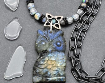Night Owl Handmade Beaded Necklace, Labradorite Carved Owl Focal and Lampwork Glass