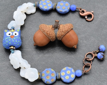 Periwinkle Hootie Handmade Beaded Bracelet, Artisan Polymer Clay Owl Focal, Czech Glass