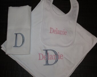 Monogrammed Blanket, Bib and Burp Cloth Gift Set - Personalized Gifts, Christmas Gift Idea
