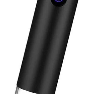 May include: Black electric wine opener with a clear bottom section revealing a spiral corkscrew. The opener has three blue illuminated buttons and is designed for effortless wine bottle opening.
