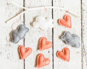 Simple Modern Baby Mobile - Clouds and Heart Raindrops Hanging from a Branch - Coral, White and Heather Gray Felt