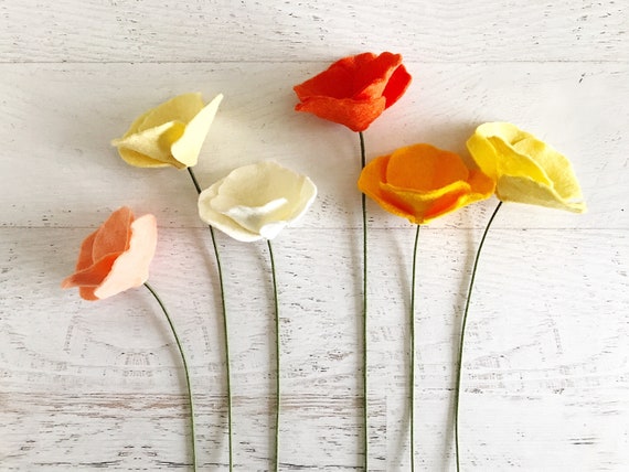 Felt California Poppy Stem: Handmade Wool Blend Flower Bouquet