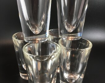 4 Vintage Mid Century Sturdy Single Shot Glasses Elegant Gold Details Heavy Bases