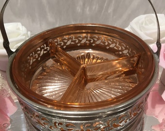 Pink Depression Glass Divided Candy Dish With Chrome Caddy
