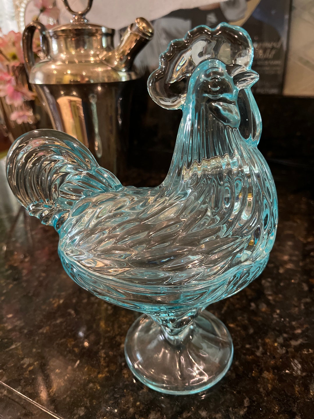 Aqua Blue Glass Rooster Candy Dish Etsy
