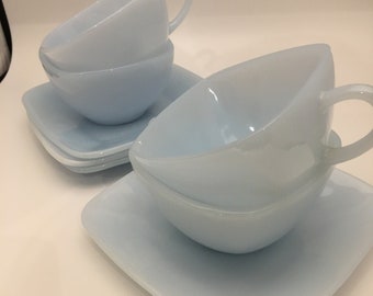 Azurite Blue "Charm" Pattern Set of Square Cups & Saucers Set of Four (8 pieces total)