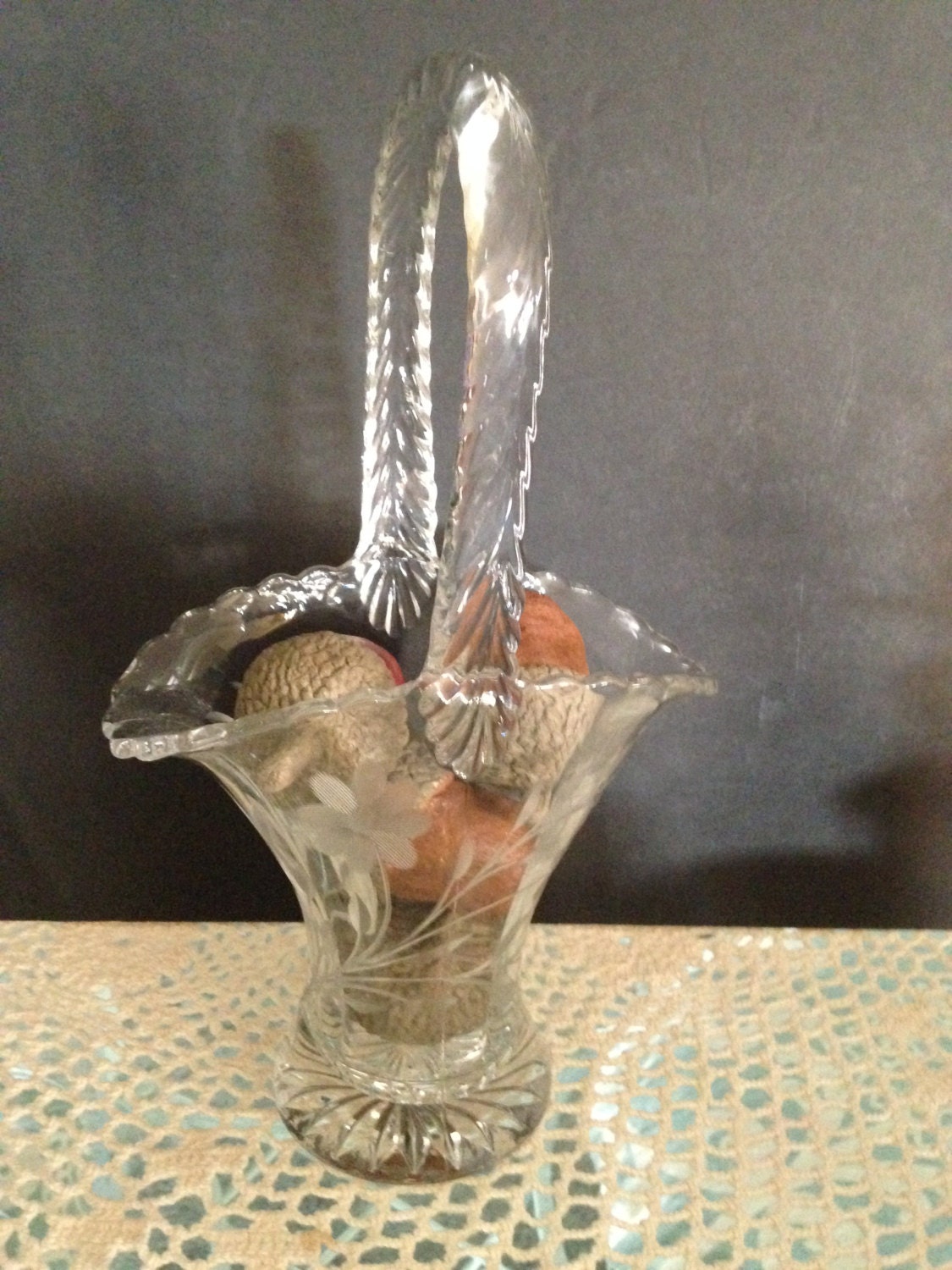 Sweet Vintage Etched Glass Basket Etsy 日本